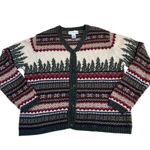 Croft & Barrow Sz M Nordic Fair Isle Cardigan with Pine Tree Print Boxy Fit
